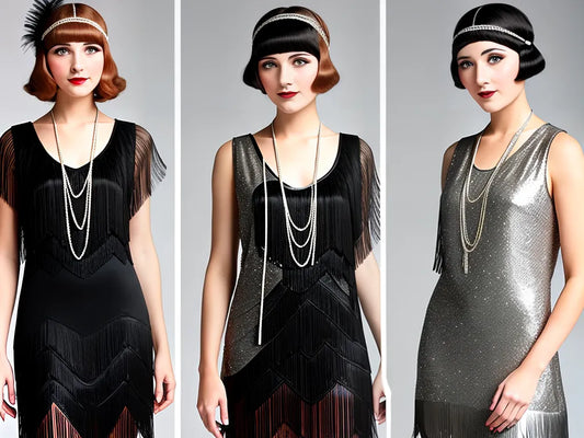 Três modelos de vestidos da moda feminina e identidade dos anos 1920 com franjas e estilo glamuroso
