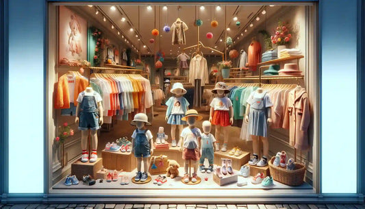 Vitrine de loja de roupas que ajudam no desenvolvimento das crianças com diversas opções de vestuário e calçados