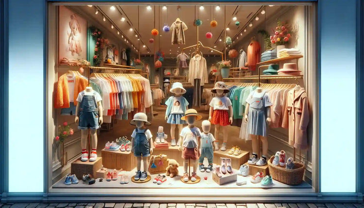 Vitrine da loja de roupas infantis com roupas coloridas, chapéus e acessórios modernos para crianças