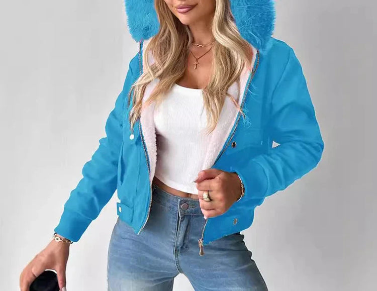 Jaqueta azul feminina com capuz de pelúcia, ideal para os casacos de inverno feminino elegantes e confortáveis