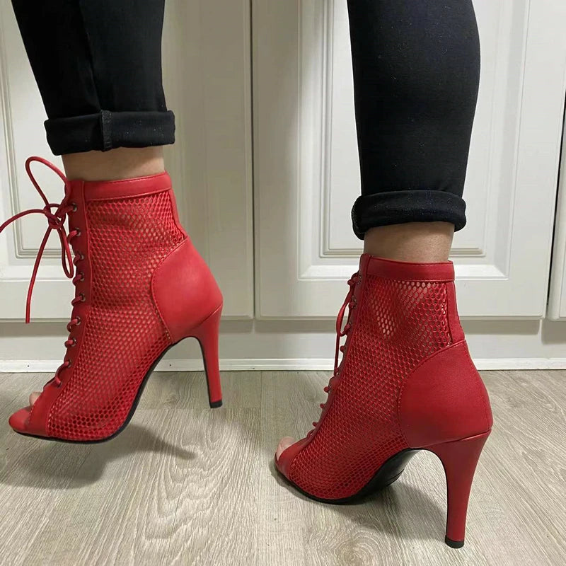 Botas Peep Toe Femininas em Tela e Salto Alto