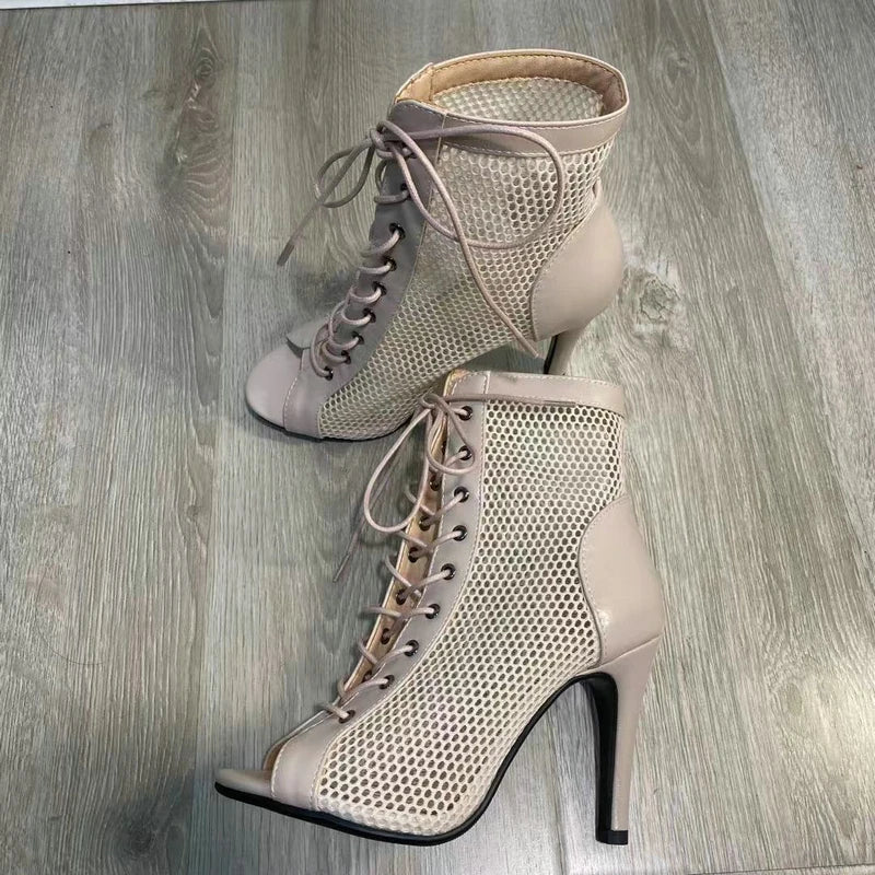 Botas Peep Toe Femininas em Tela e Salto Alto