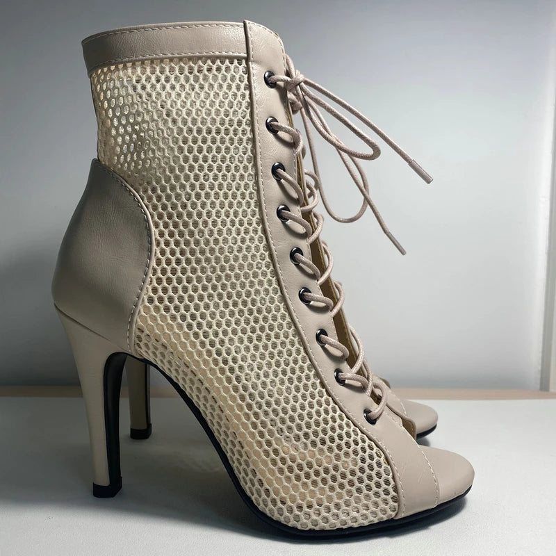 Botas Peep Toe Femininas em Tela e Salto Alto