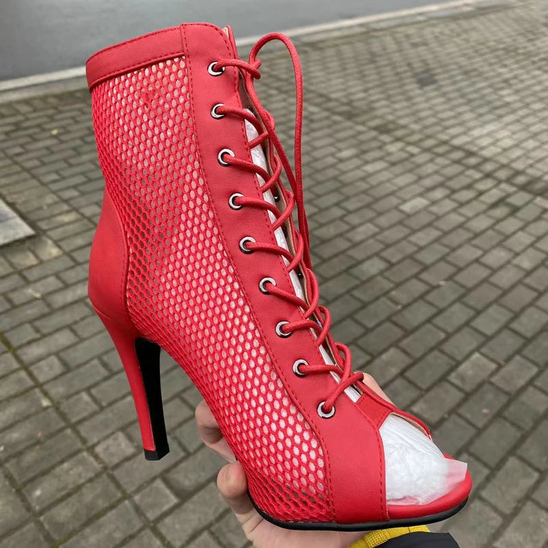 Botas Peep Toe Femininas em Tela e Salto Alto