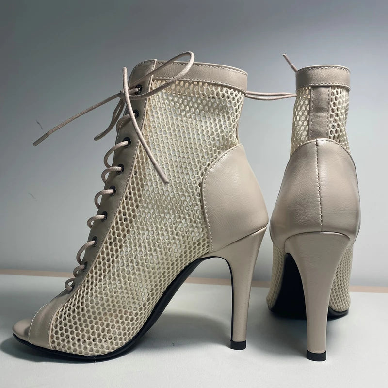 Botas Peep Toe Femininas em Tela e Salto Alto