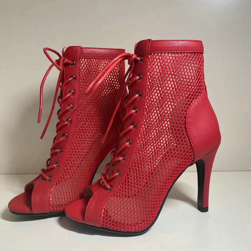 Botas Peep Toe Femininas em Tela e Salto Alto