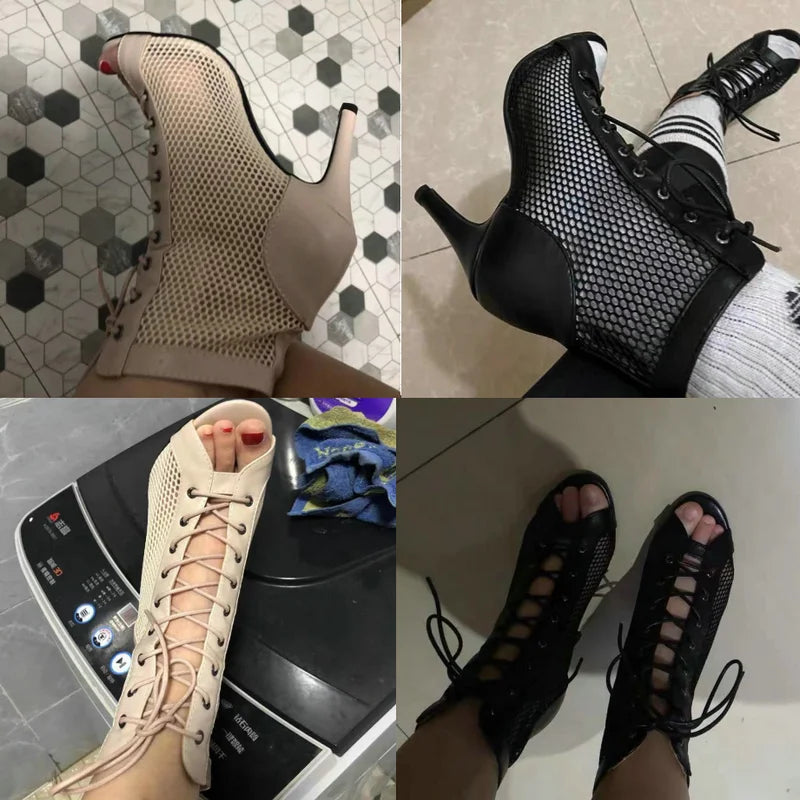 Botas Peep Toe Femininas em Tela e Salto Alto