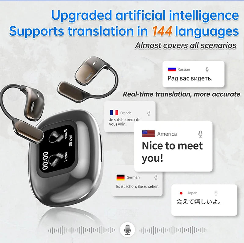 Fones de ouvido, AI tradução de idiomas em tempo real, lcd tela toque aberto, sem fio, com 144 idiomas para negócios