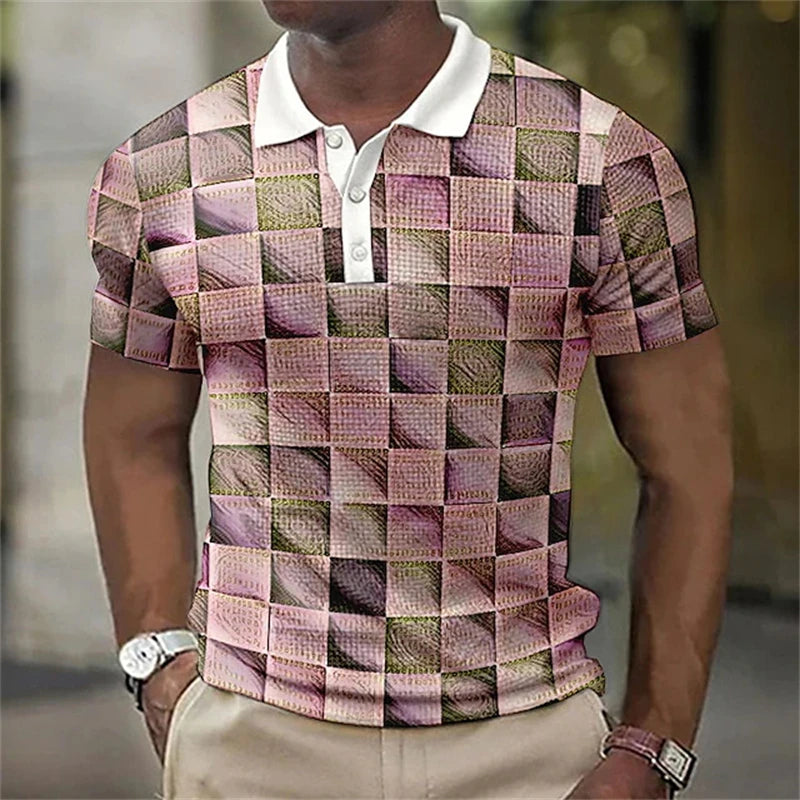 Camisa polo masculina, com botão, Impressão 3d geometria xadrez gráfico, verão, manga curta