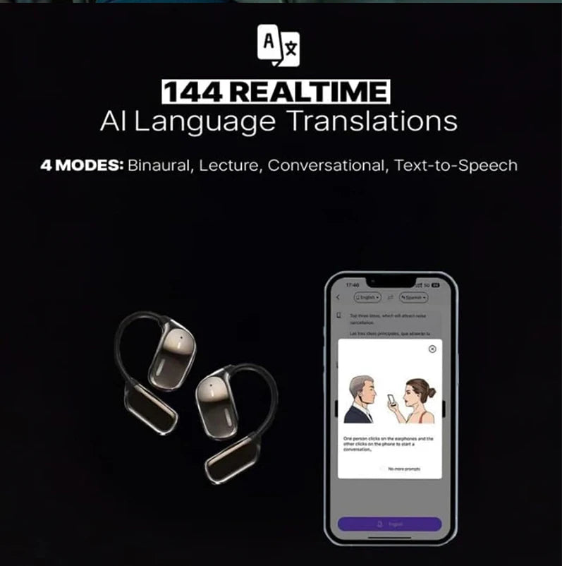 Fones de ouvido, AI tradução de idiomas em tempo real, lcd tela toque aberto, sem fio, com 144 idiomas para negócios