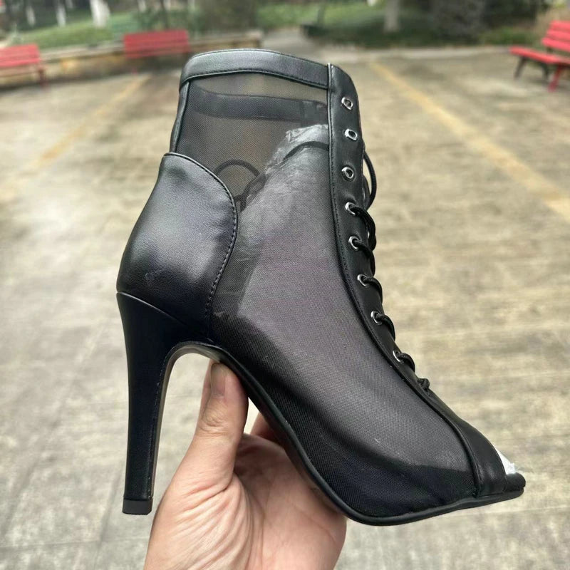 Botas Peep Toe Femininas em Tela e Salto Alto