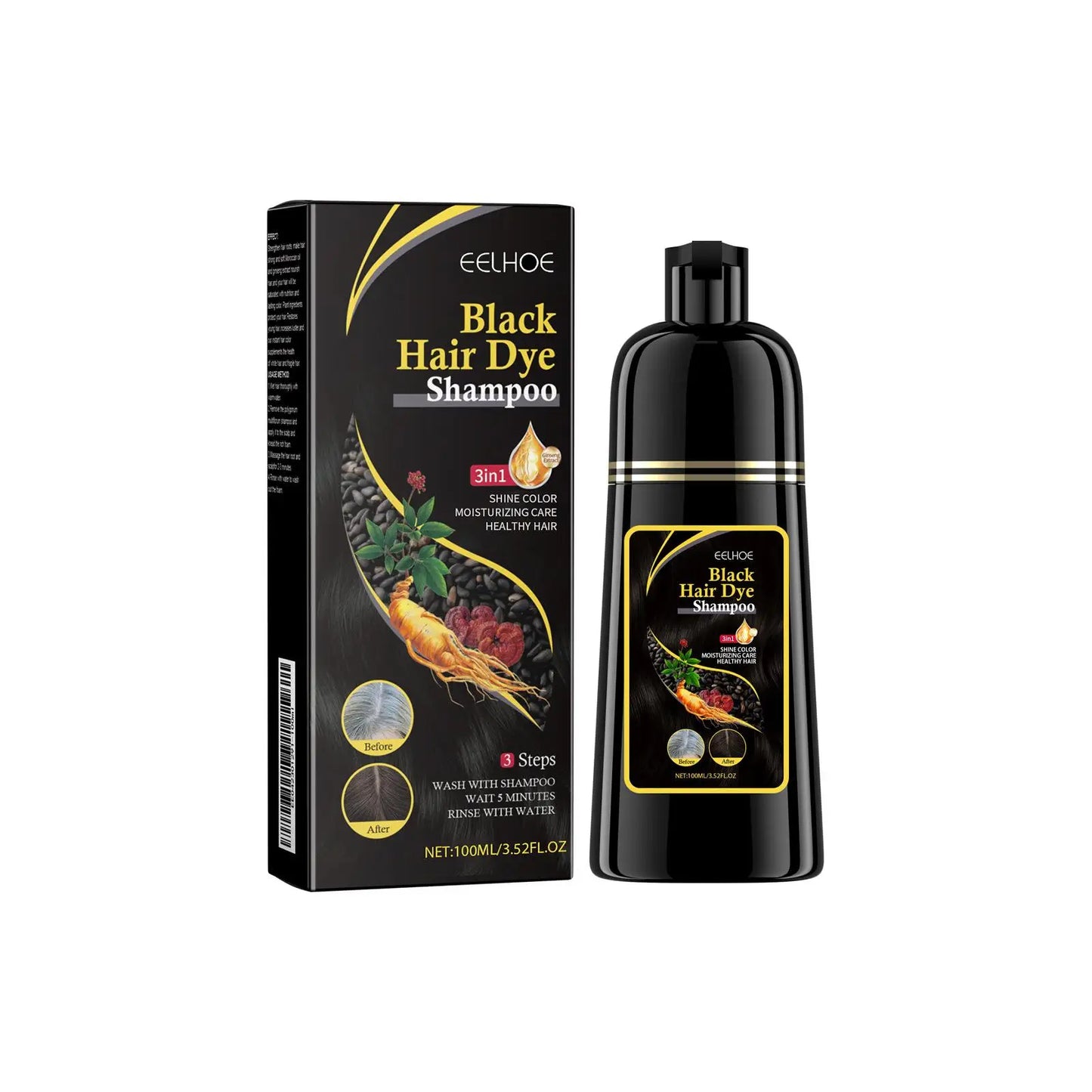 Shampoo Tintura, Natural Black Hair Dye, Fenkang 3 em 1 Hair Dye, Componentes Herbais de 7 Cores para Mulheres e Homens, 100ml, 500ml