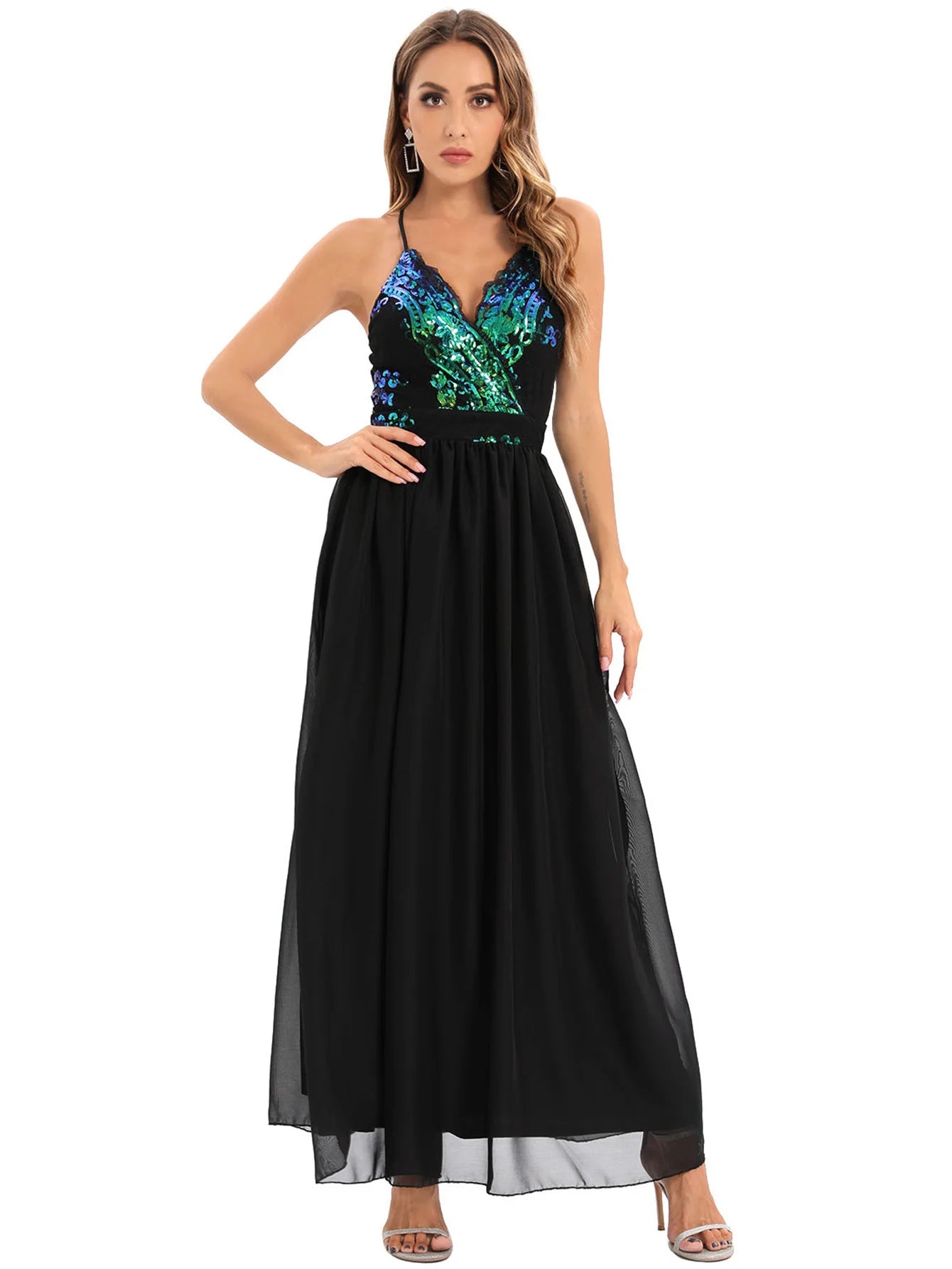 Vestido feminino, longo, maxi com lantejoulas, vestido para ocasiões festivas