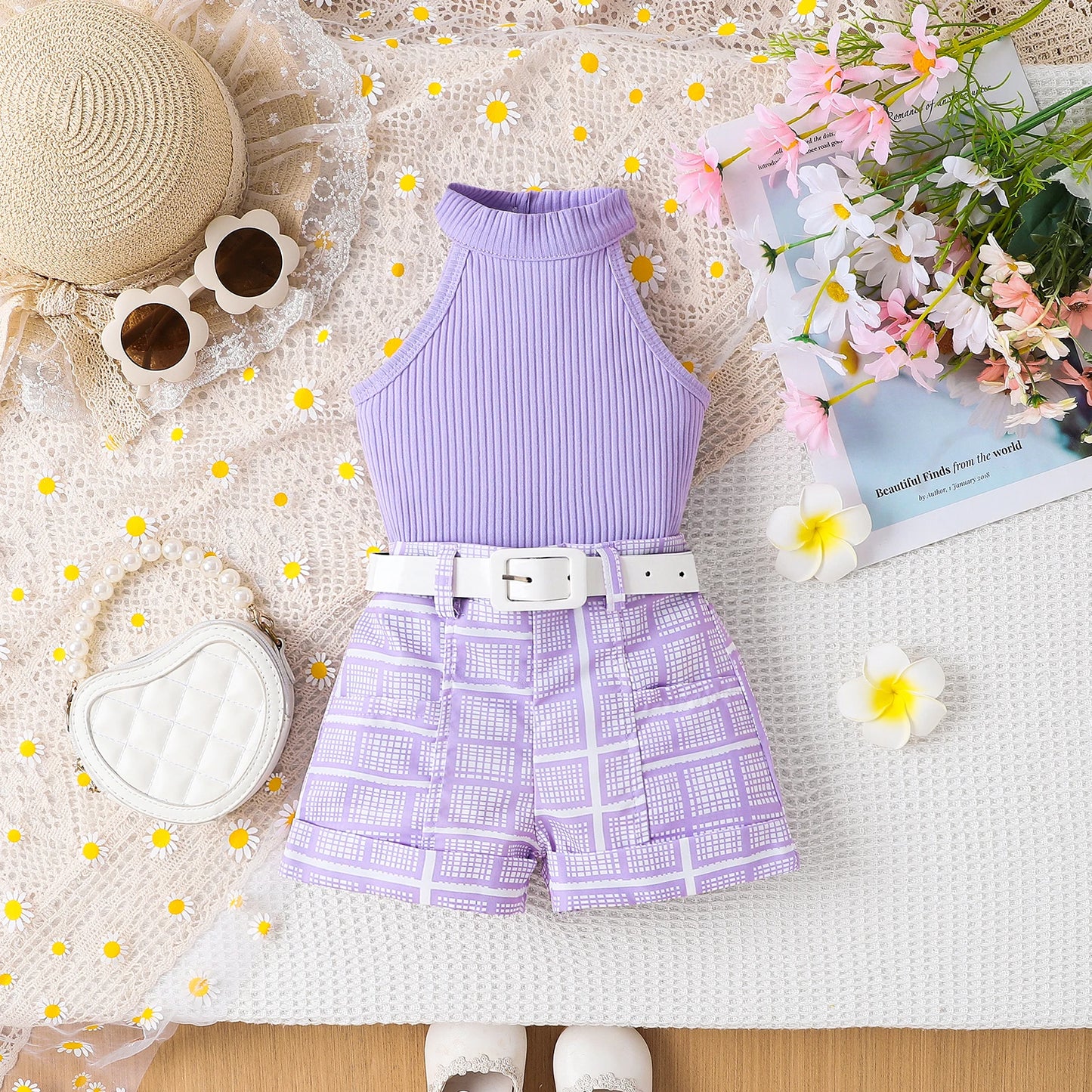 Conjunto infantil Estilo para meninas 1-4 anos de idade, 3 peças, confortável, doce pit strip colete + shorts com padrão impresso