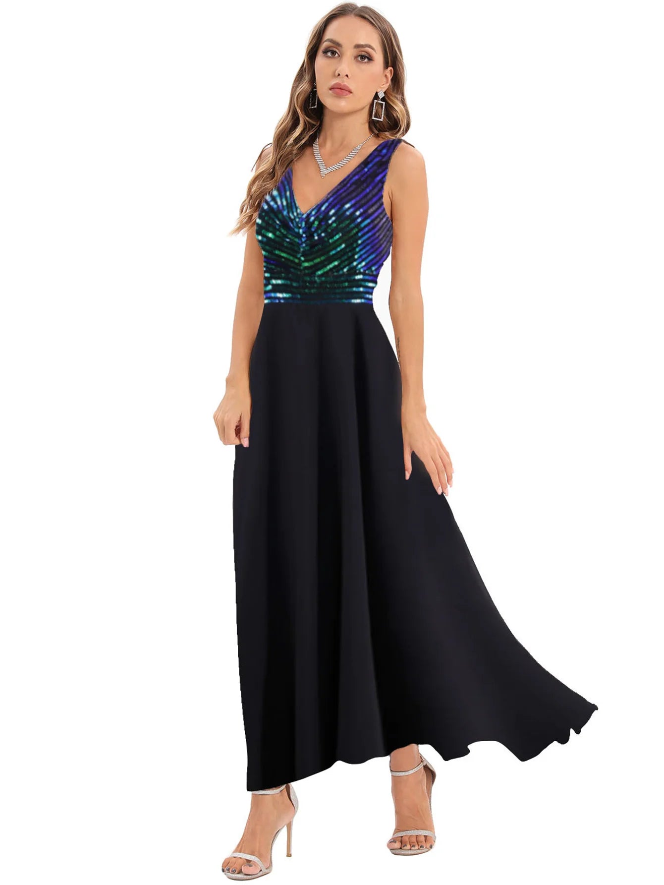 Vestido feminino, longo, maxi com lantejoulas, vestido para ocasiões festivas