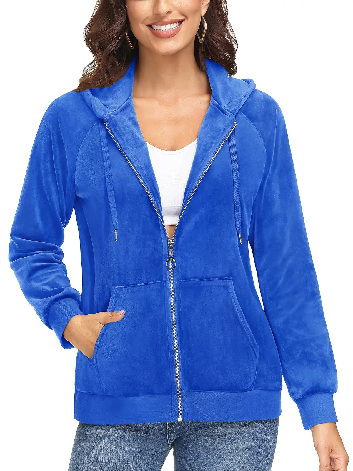 Jaqueta Feminina, de Veludo, Azul, Branco, Comfortavel