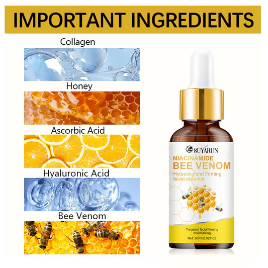 Essência facial iluminadora antienvelhecimento, soro de niacinamida e veneno de abelha, hidratantes para a pele facial, para manchas escuras e rugas