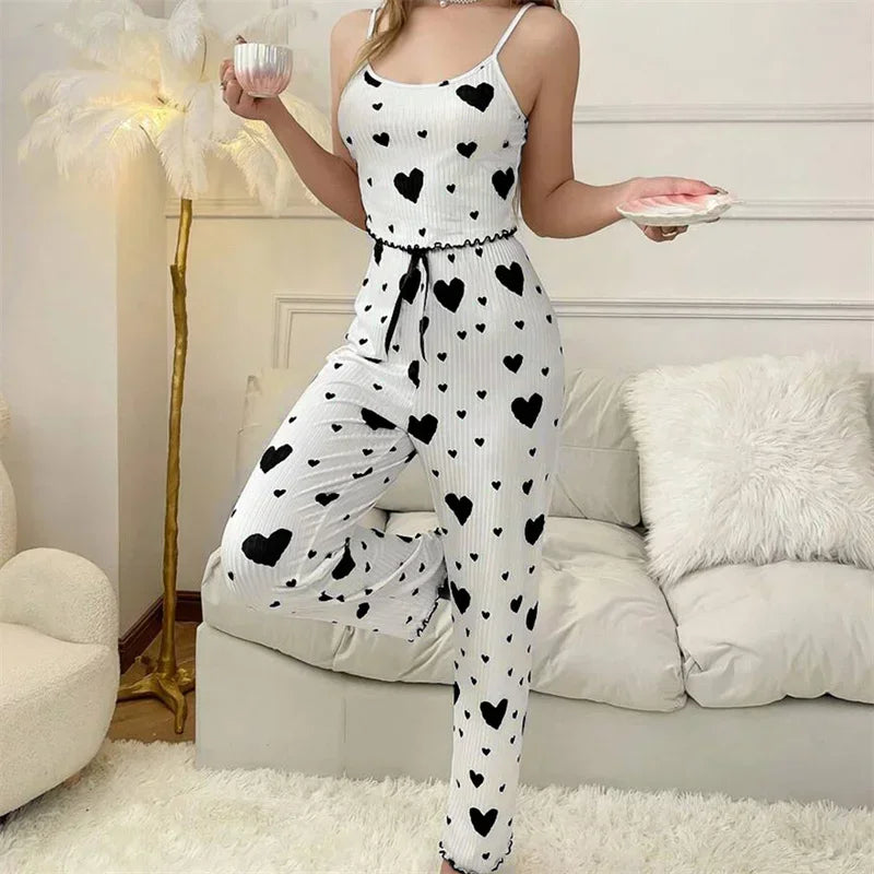 Pijama Sem Mangas Outono com Estampa de Corações