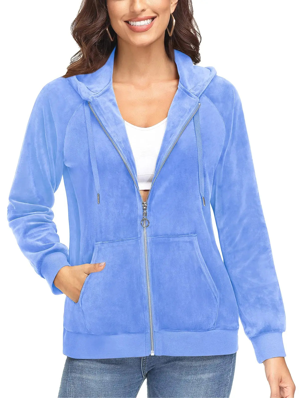 Jaqueta Feminina, de Veludo, Azul, Branco, Comfortavel