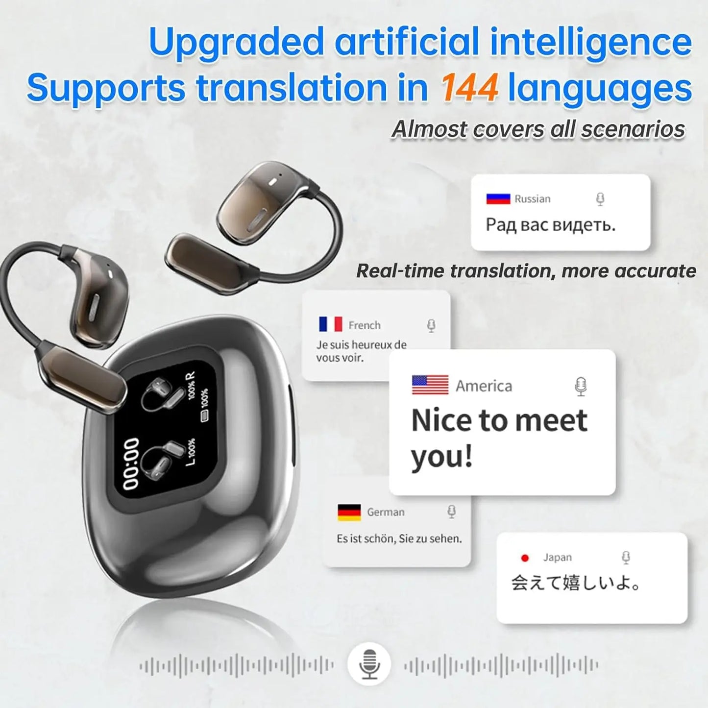 Fones de ouvido, AI tradução de idiomas em tempo real, lcd tela toque aberto, sem fio, com 144 idiomas para negócios