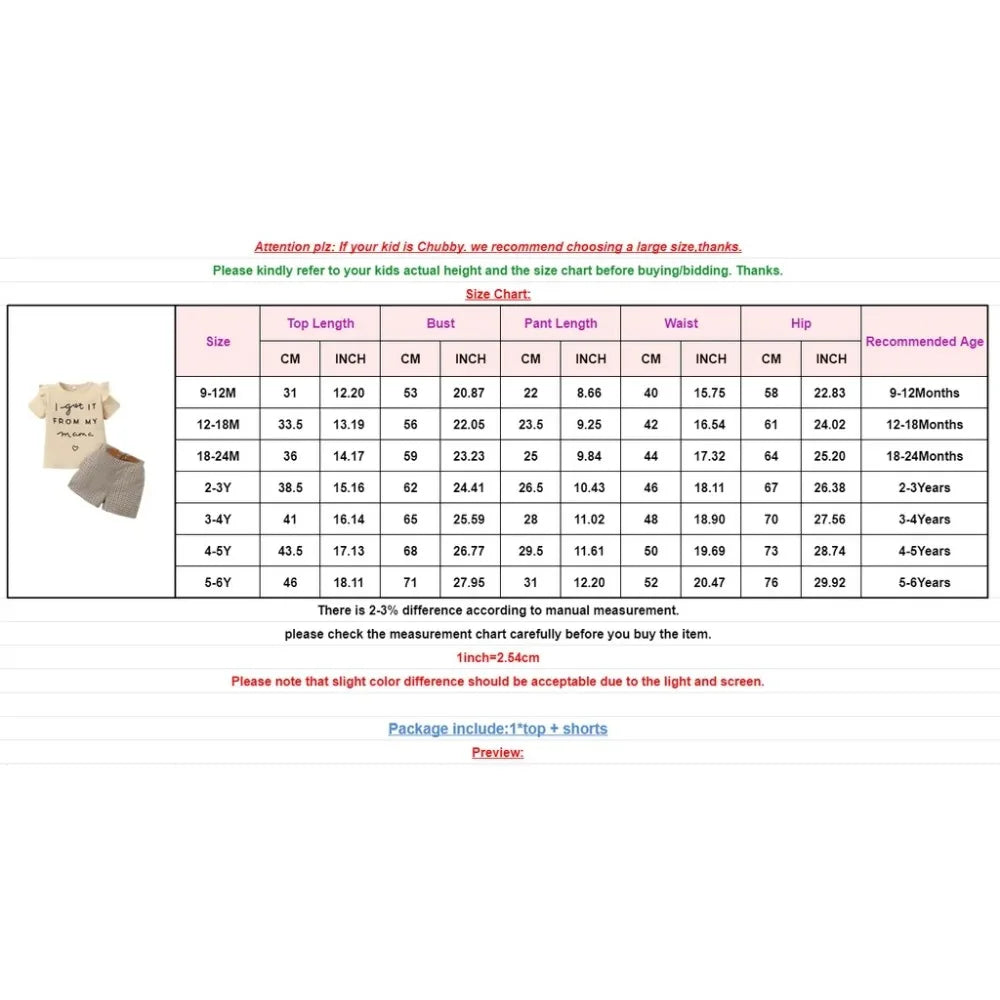 Conjunto de roupas infantis de 2 peças para meninas,shorts e blusa com estampas, de manga curta, casual, 1 a 6 anos