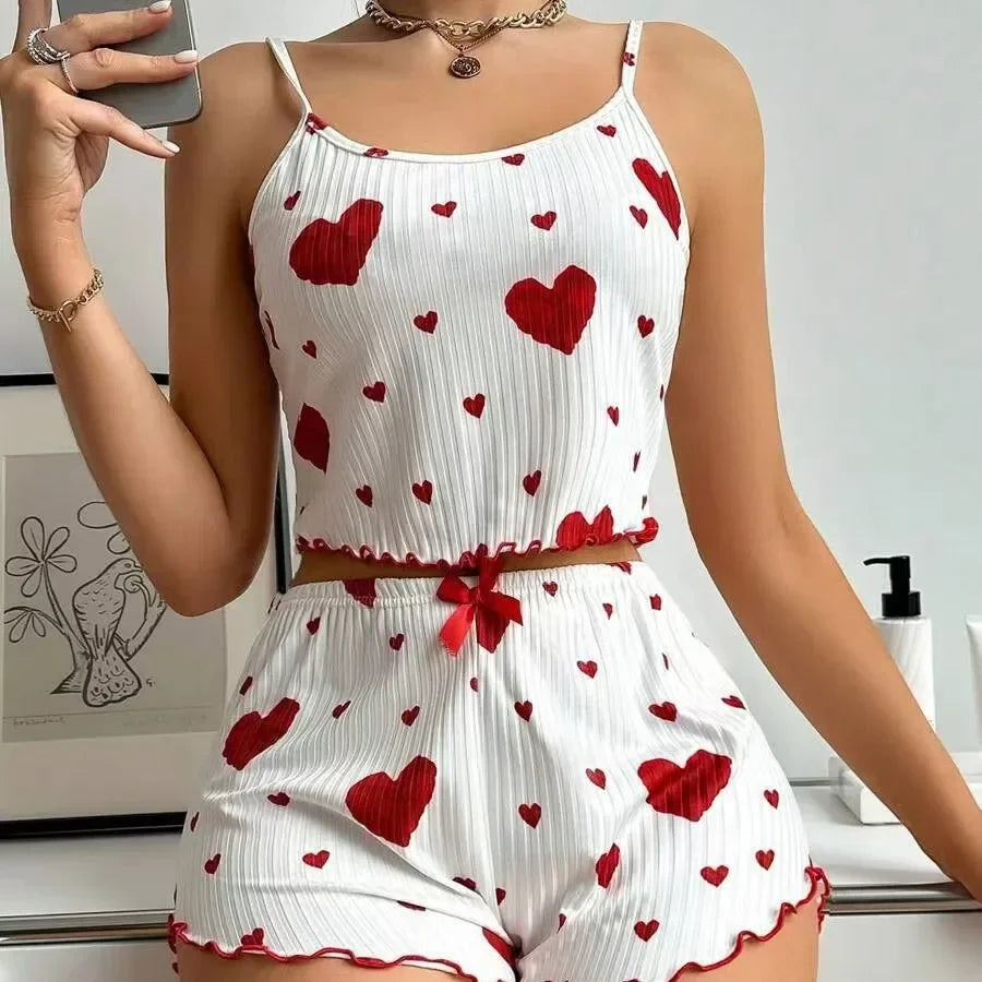 Conjunto Loungewear Feminino com Corações Vermelhos
