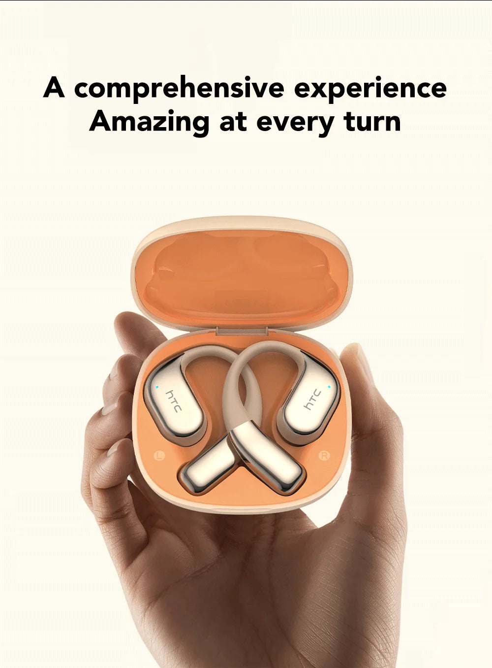 Fone de ouvido bluetooth tradutor HTC com design ergonômico em estojo laranja para conveniência