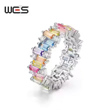 Anel feminino de prata esterlina 925, com zircônia cúbica e arco-íris, joias de casamento com pedras preciosas de cristal geométrico