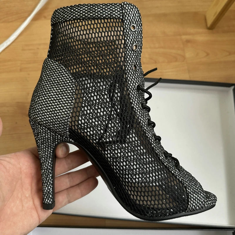 Botas Peep Toe Femininas em Tela e Salto Alto