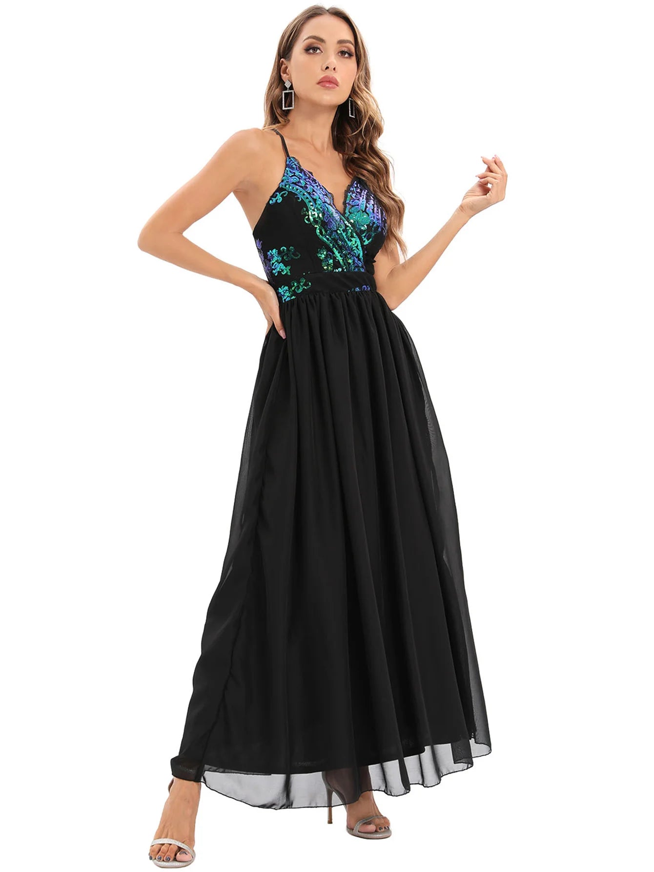 Vestido feminino, longo, maxi com lantejoulas, vestido para ocasiões festivas