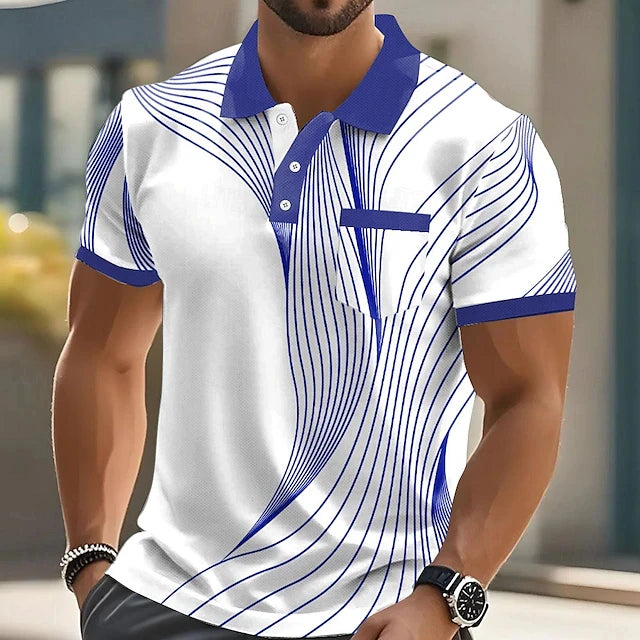 Camisa polo masculina de manga curta, listrada, com estampa 3D e gola alta, casual, diversos tamanhos