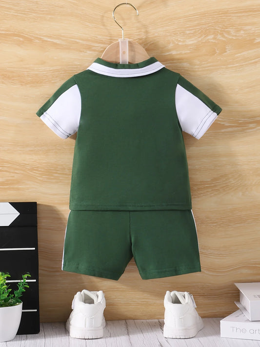 Conjunto infantil top e shorts, bebê menino, esportivo, impressão, lapela, casuais, cores verde e branco