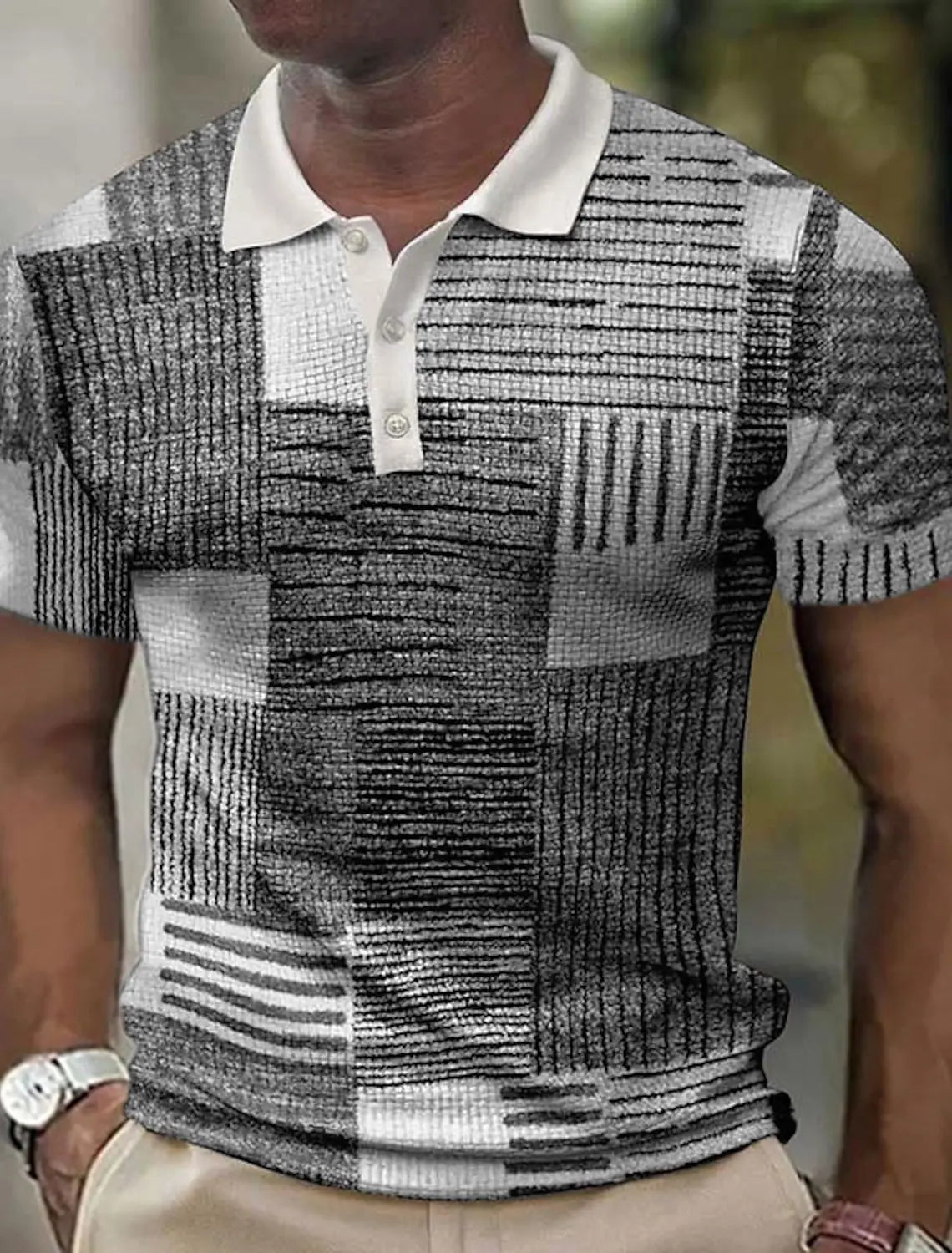 Camisa polo masculina, camisa de golfe, cor padrão bloco impressão, punho geométrico, design manga curta, casual, respirável