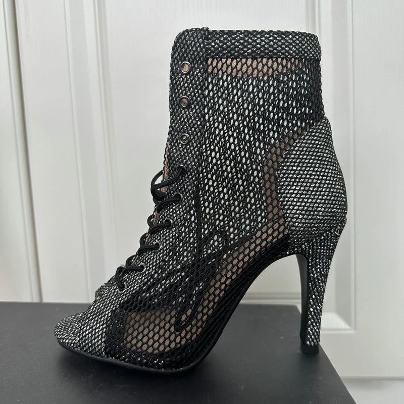 Botas Peep Toe Femininas em Tela e Salto Alto