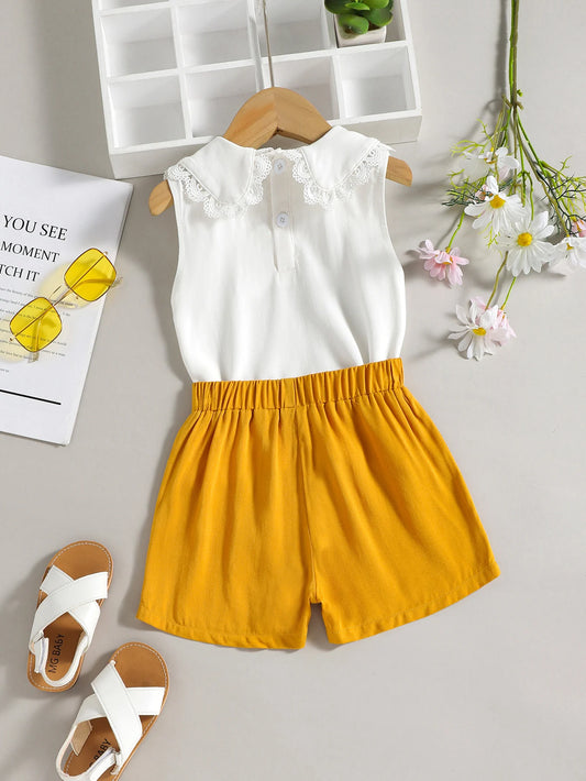Conjunto infantil de menina, duas peças, primavera/verão, casua,l sem mangas, gola boneca, top com shorts amarelo