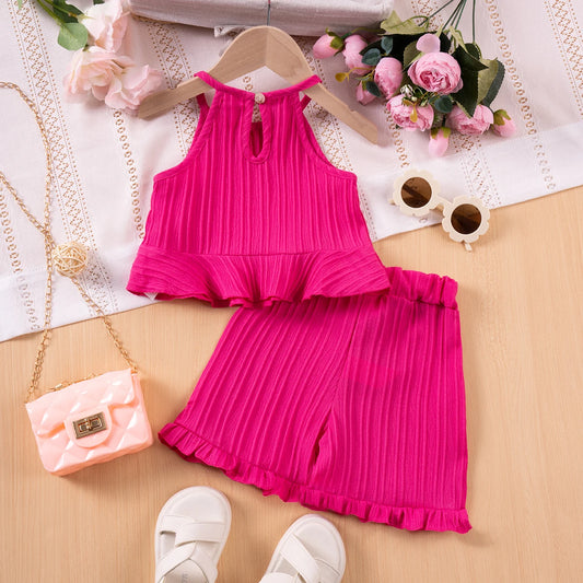 Conjunto infantil de menina, moda de verão, sem mangas com babados, regata e shorts cor sólida, duas peças