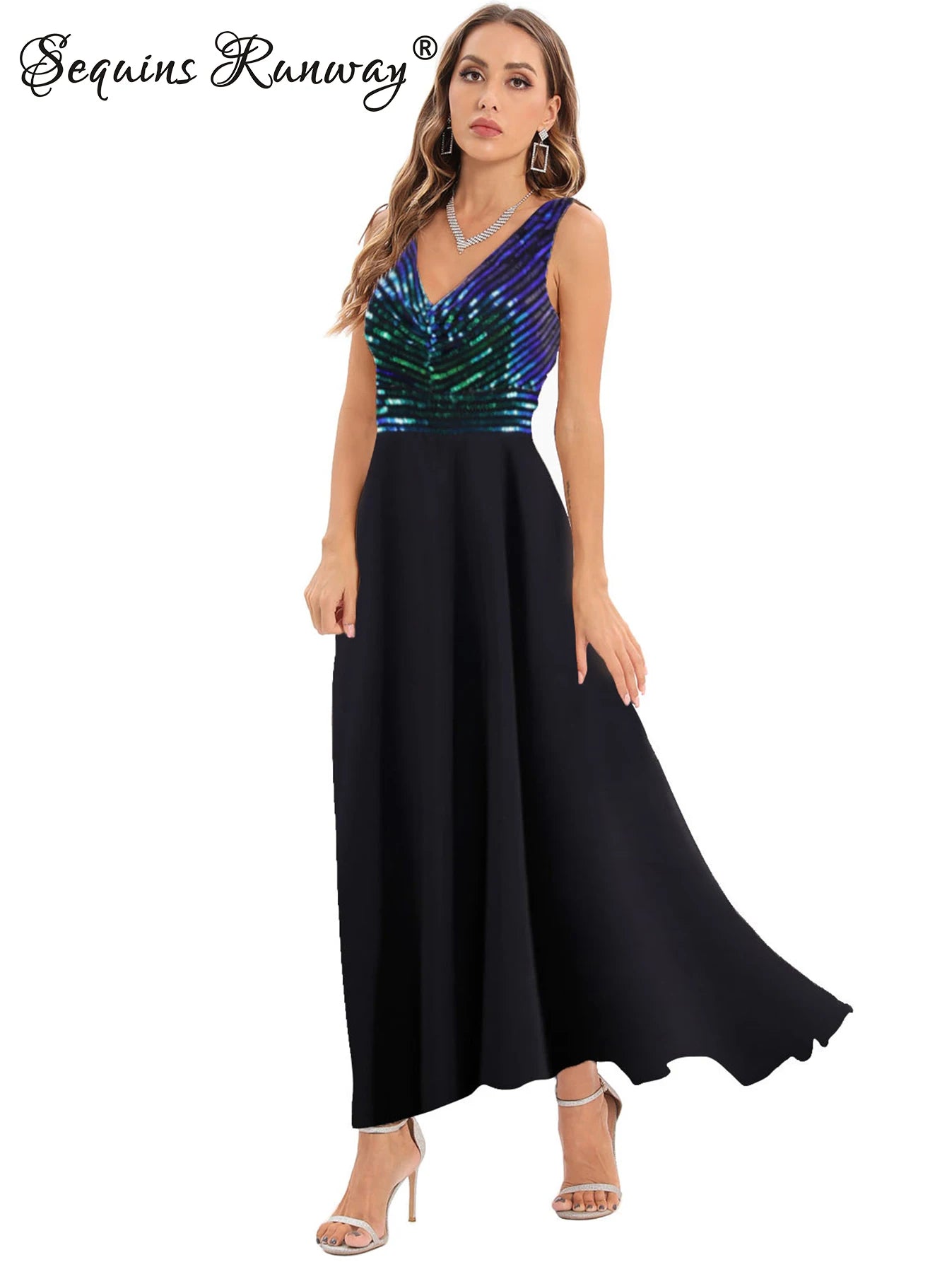 Vestido feminino, longo, maxi com lantejoulas, vestido para ocasiões festivas