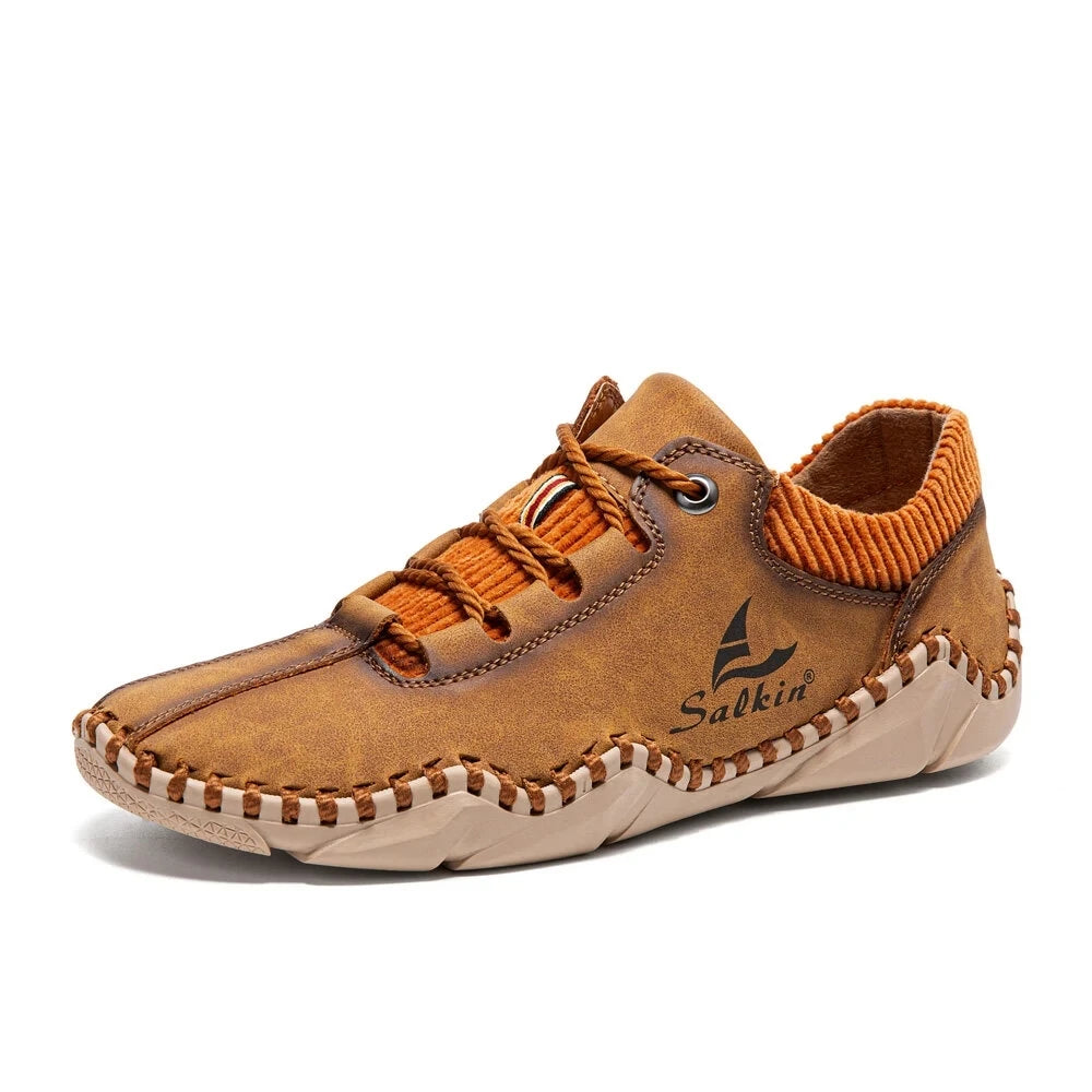 Sapatos de couro masculino da ABFUBER em tom marrom com detalhes em laranja para conforto e estilo