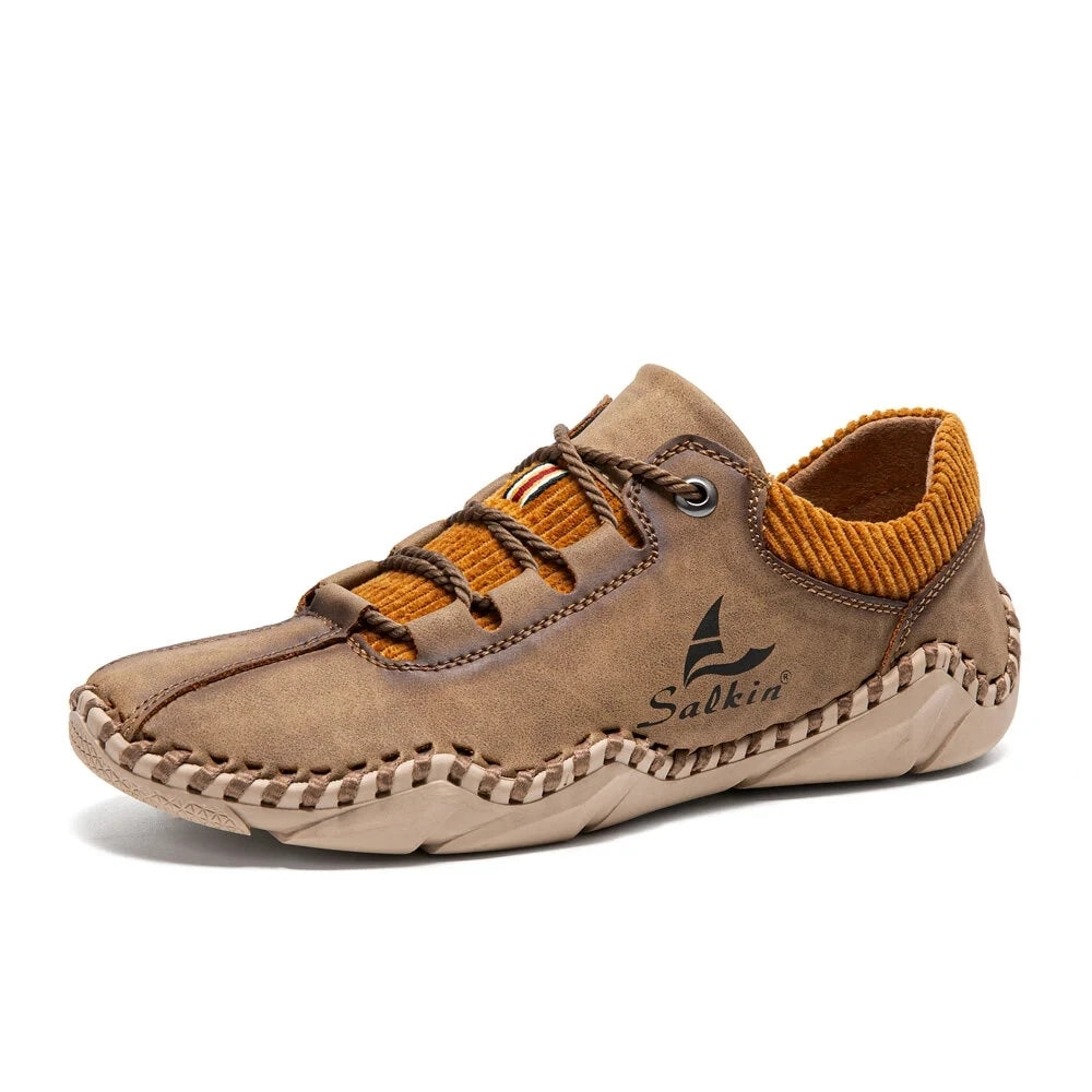 Sapatos de couro masculino ABFUBER em tom marrom com detalhes em laranja e design confortável