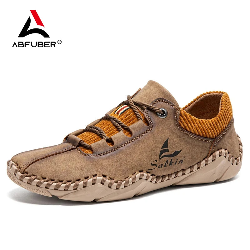 Sapatos de couro masculino ABFUBER em tom marron claro com solado confortável e design moderno