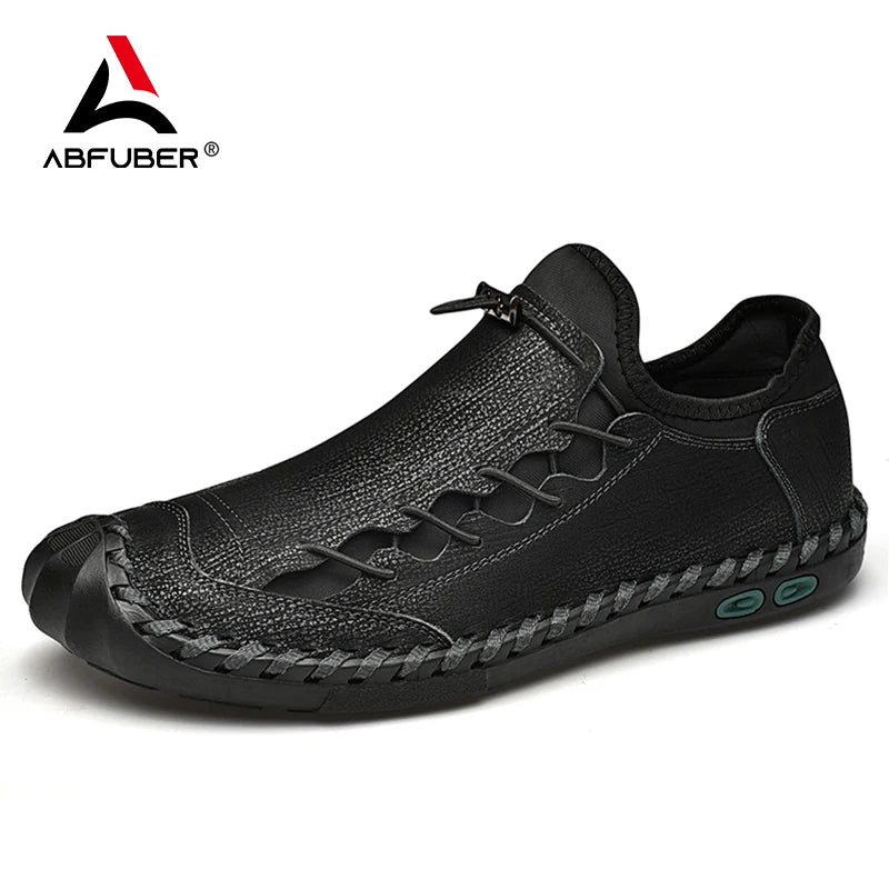 Sapatos masculinos em couro ABFUBER pretos com design trançado e ajuste confortável