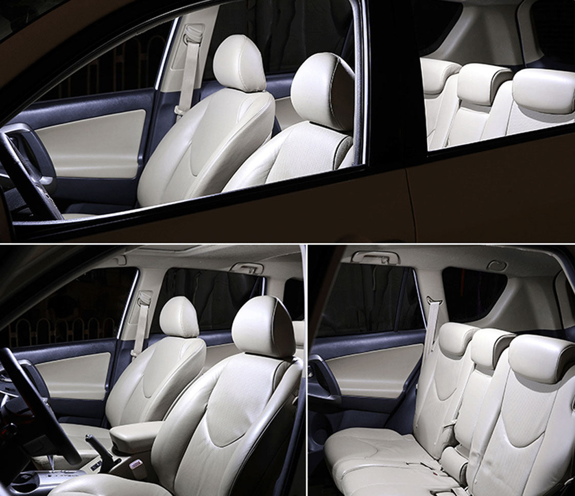 Luz LED interior Honda CRV iluminando os assentos de couro claros do veículo.