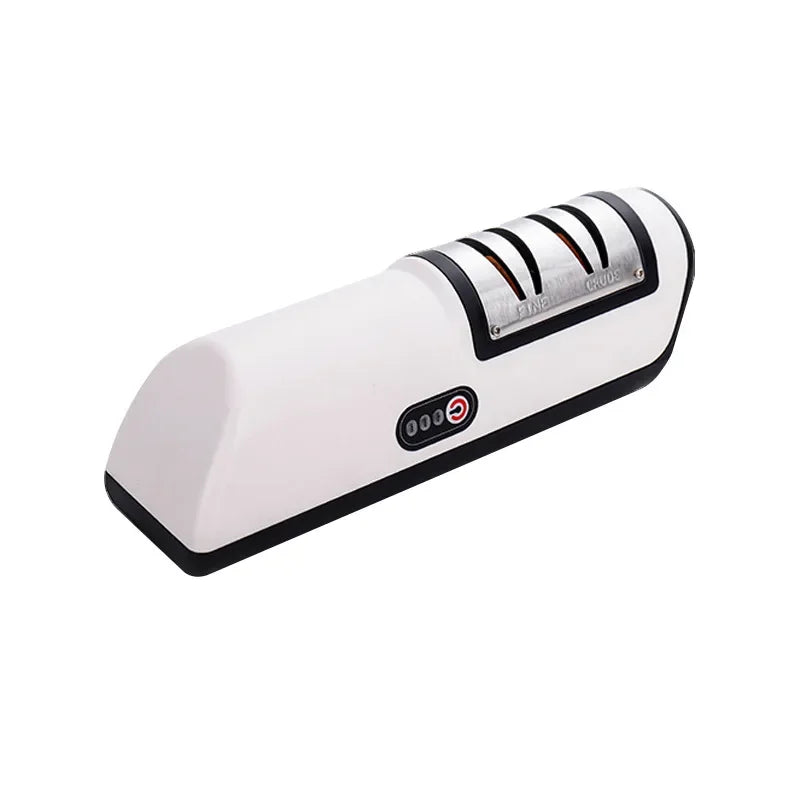 Afiador de facas 4 engrenagens elétrico em branco, ideal para afiar facas e tesouras com eficiência.