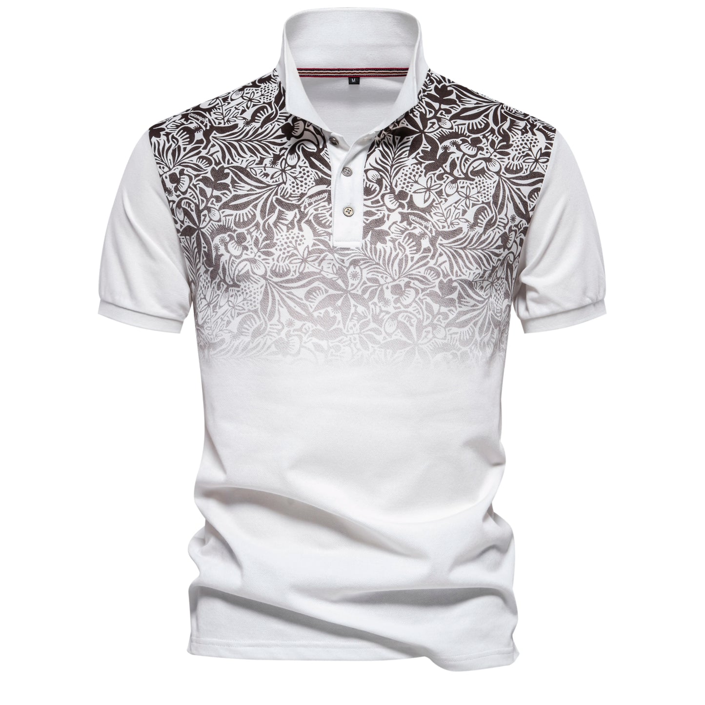 Camisa polo masculina gradiente com estampa floral em preto e branco, ideal para looks casuais