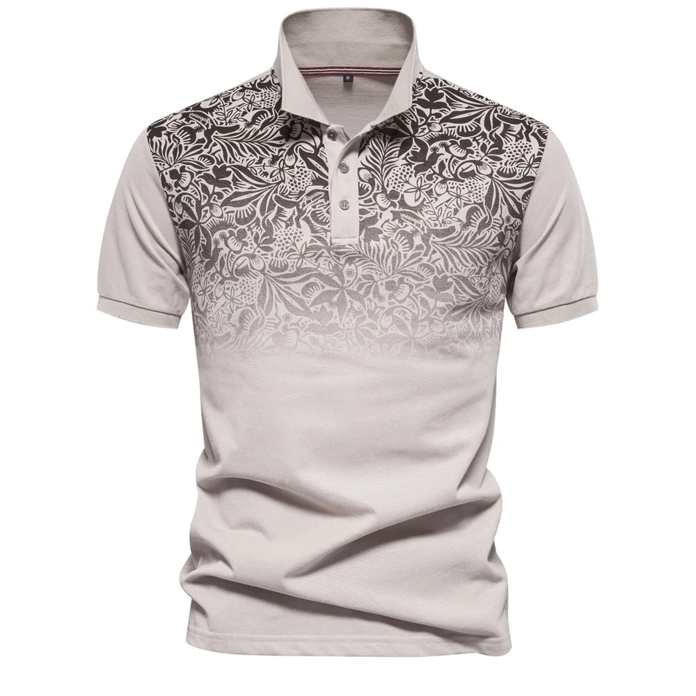 Camisa polo masculina gradiente com estampa floral em tons de cinza e branco
