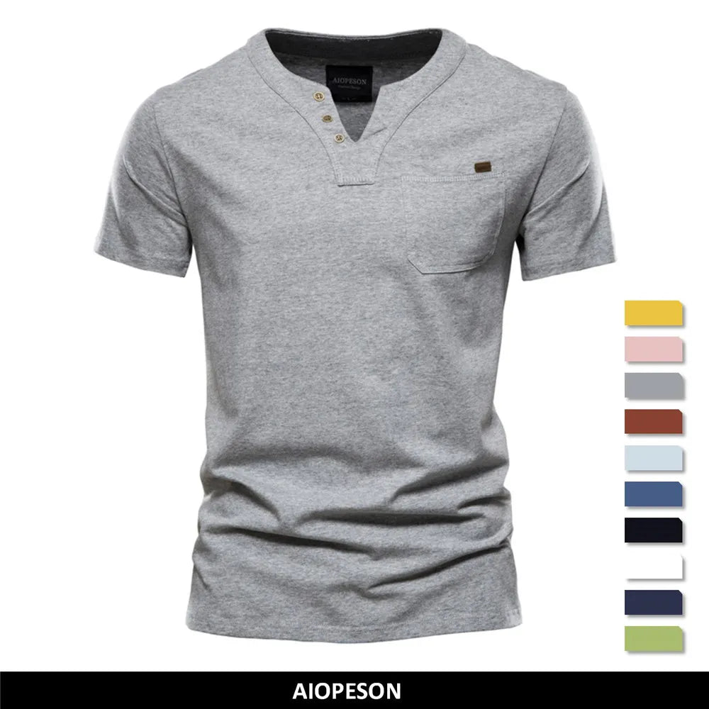 Camiseta casual masculina AIOPESON em cinza com detalhes em botões e bolso no peito