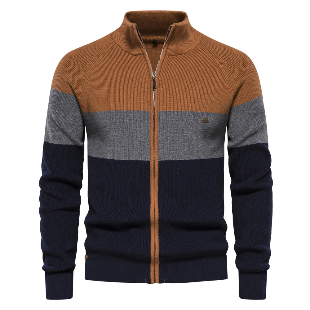 Casaco masculino AIOPESON com zíper, listras em tons de marrom, cinza e azul, ideal para otoño inverno.