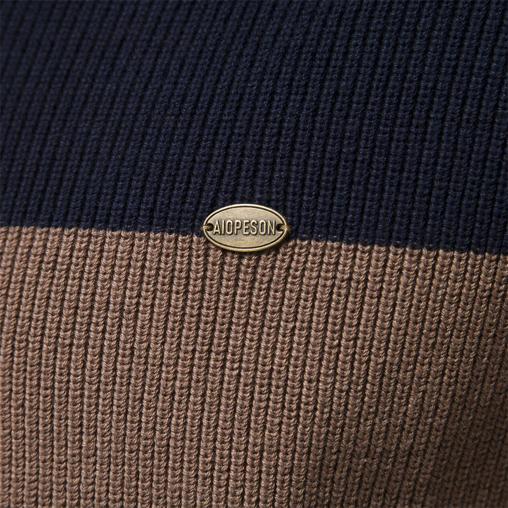 Detalhe do casaco masculino AIOPESON com listras em tom azul e bege, ideal para camisola masculina outono inverno