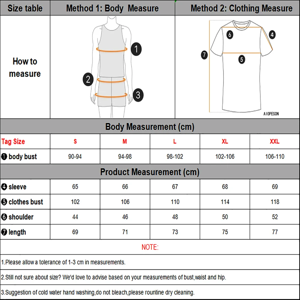 Tabela de medidas para camisola masculina outono inverno da AIOPESON com instruções de como medir