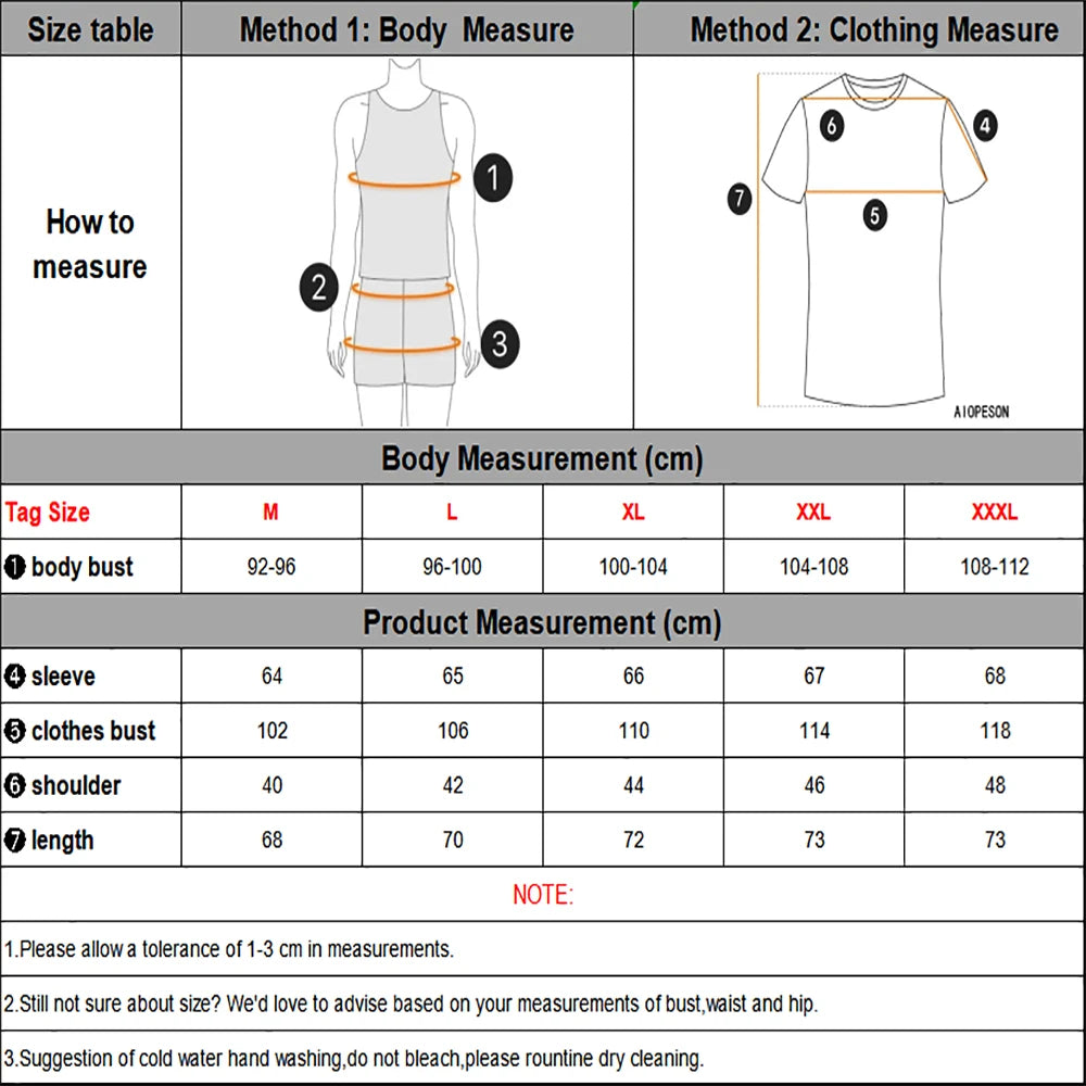 Tabela de medidas para casaco masculino da AIOPESON, ideal para moda de inverno para homens